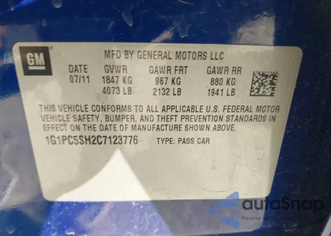 2012 Chevrolet Cruze Ls z USA, uszkodzony, nr VIN 1G1PC5SH2C7123776